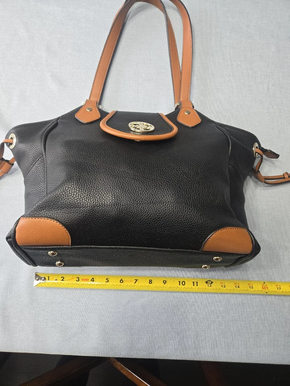 Stauer Black & Tan Shoulder Bag Gold Logo Large Satchel Tote